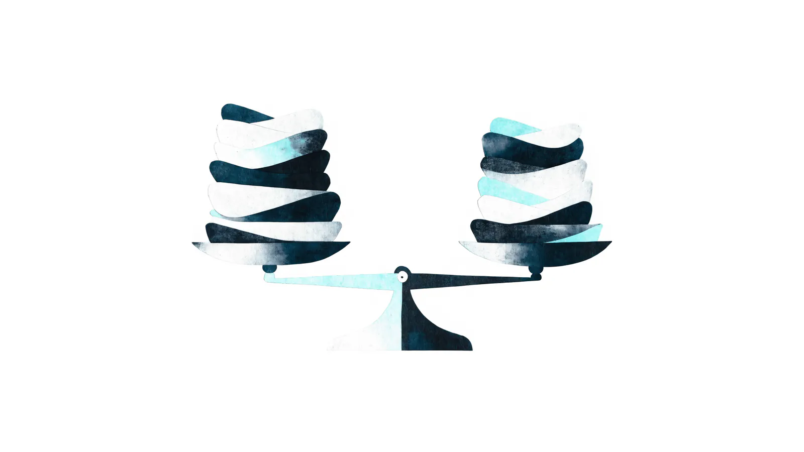 Paper balance scale holding two stacked paper piles, representing debt weighed against income