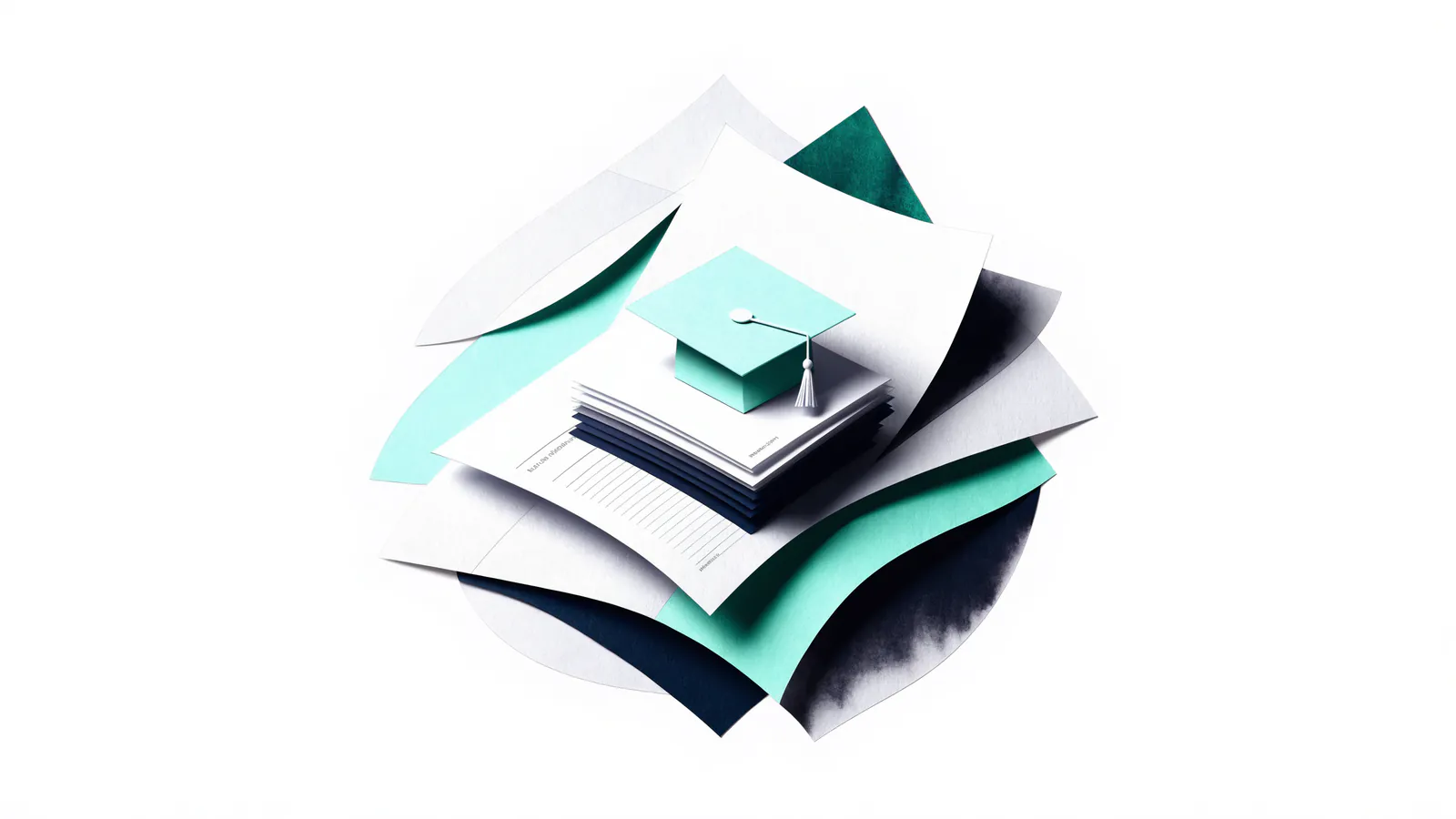Paper mortarboard cap resting on a stack of ledger sheets, representing student loan repayment